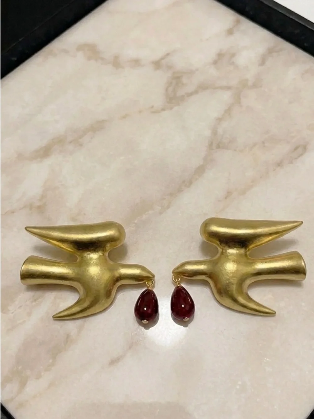 Gold-Tone Flying Bird Statement Earrings with Read Teardrop Accent